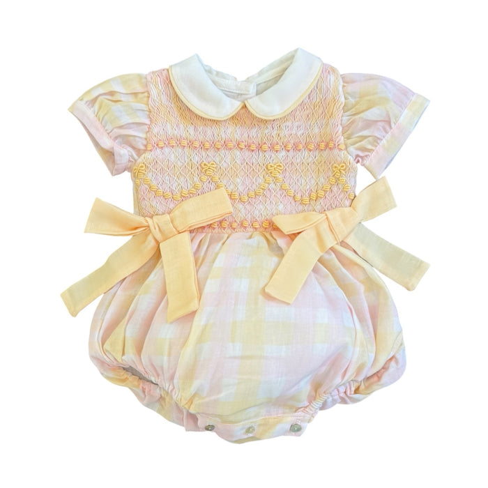 Sunshine Gingham Pink/Yellow Coquette Handsmocked Romper