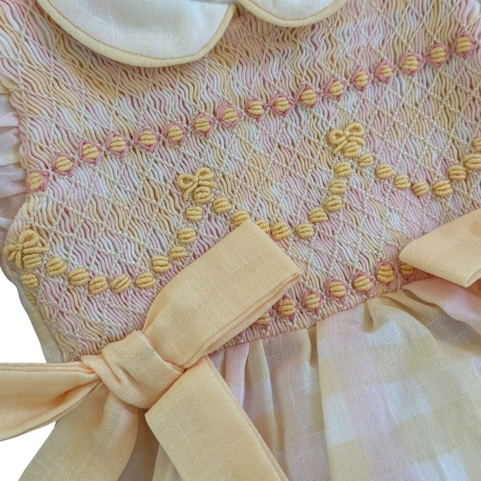 Sunshine Gingham Pink/Yellow Coquette Handsmocked Romper