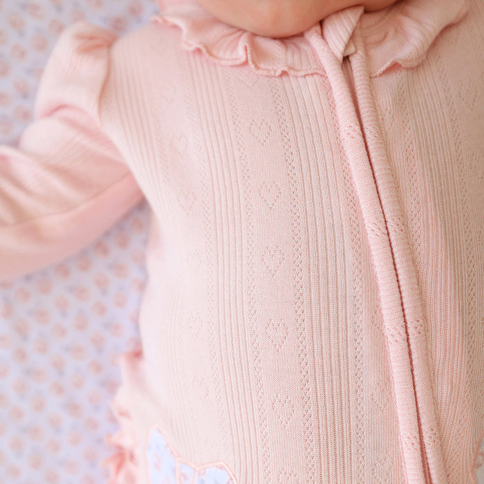 Sweet Pink Pointelle Footie Ruffled Collar One Piece
