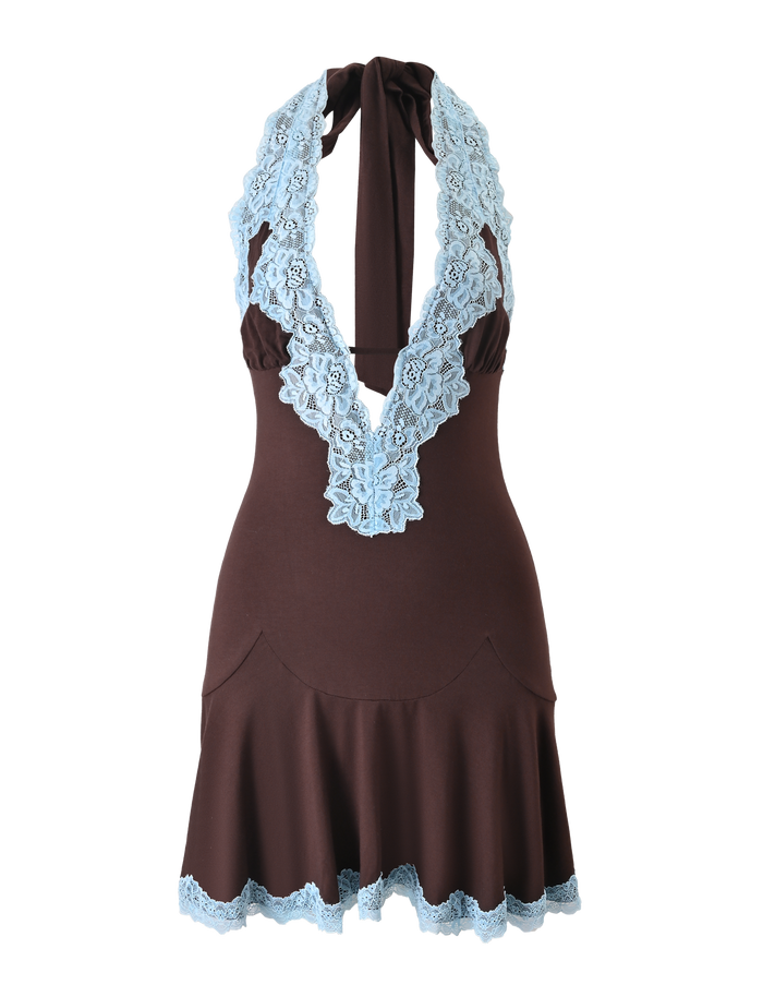 The TIGERMIST TALIYAH MINI DRESS in chocolate features a halter style, deep V-neckline with light blue lace trim, and a flared skirt finished with matching blue lace at the hem.