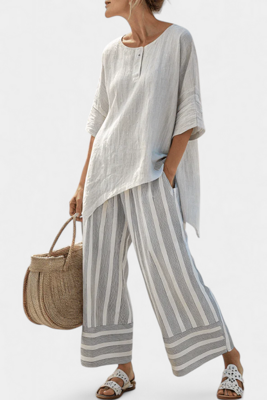 Talvora | Elegant Asymmetrical Blouse & Striped Pants