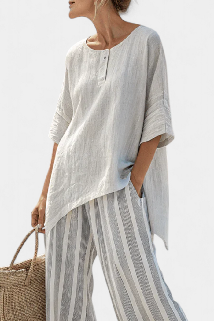 Talvora | Elegant Asymmetrical Blouse & Striped Pants