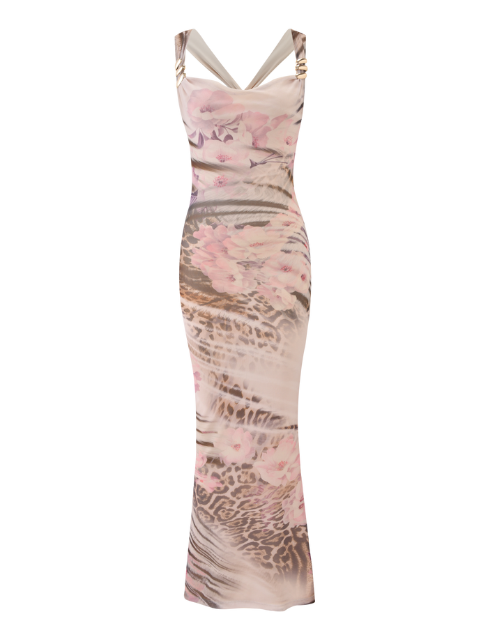 The TAMARIN MAXI DRESS - MOODY ANIMAL FLORAL by TIGERMIST is a sleeveless, floor-length maxi dress with wide straps, a fitted silhouette, and soft pink floral accents on a light animal print background.