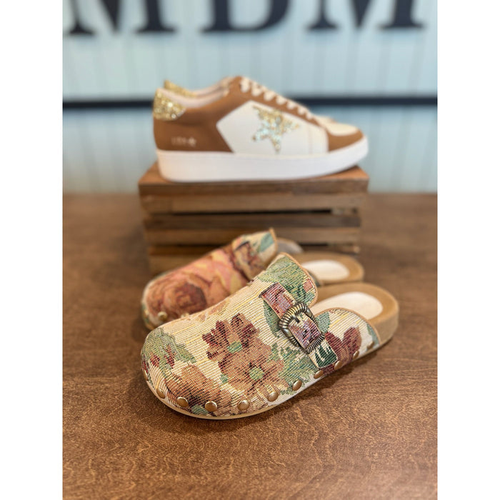 Tapestry Studded Buckle Clog