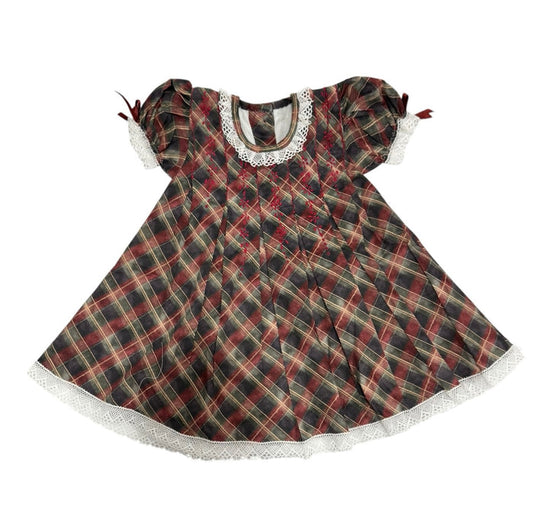 Tartan Luxe Handembroidered Girl Dress in burgundy, olive and warm neutral plaid with ivory lace trim