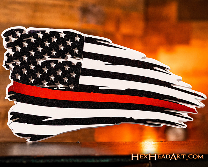 Tattered American Flag - Thin Red Line 3D Metal Wall Art
