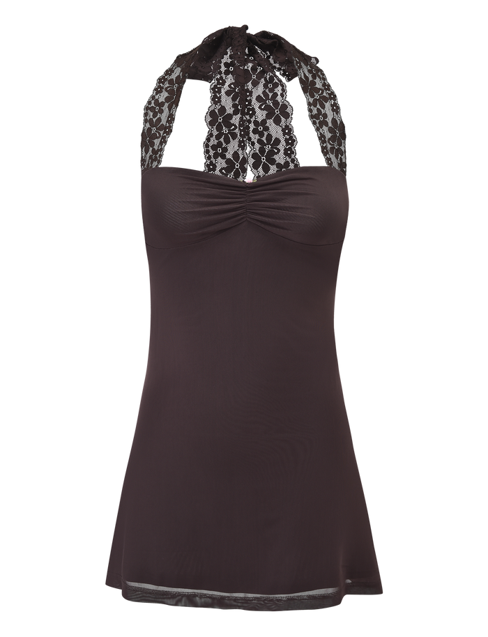 The TAWNY MINI DRESS - CHOCOLATE by TIGERMIST is a sleeveless lace halter dress in dark brown, featuring a ruched bust, wide tie straps, sweetheart neckline, fitted bodice, and a slightly flared short hemline.