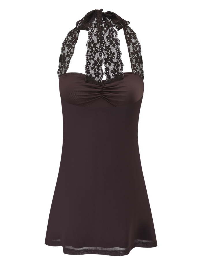 The TIGERMIST TAWNY MINI DRESS - CHOCOLATE is a sleeveless halter dress featuring a lace neckline and straps, gathered bust, and a flowy, slightly sheer skirt.