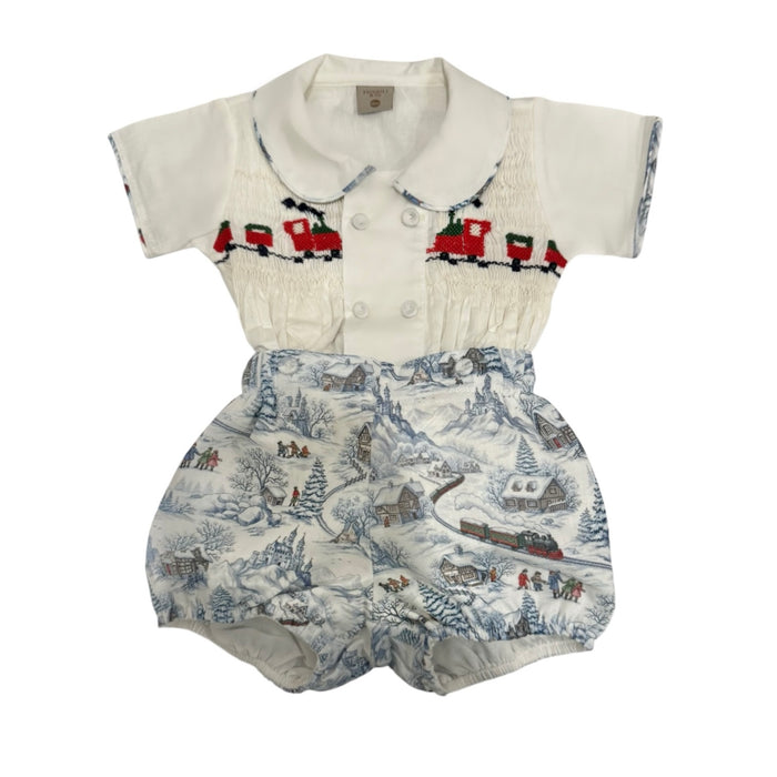 The Polar Express Boy Christmas Handsmocked 2-Piece Set with white shirt and snowy train toile shorts