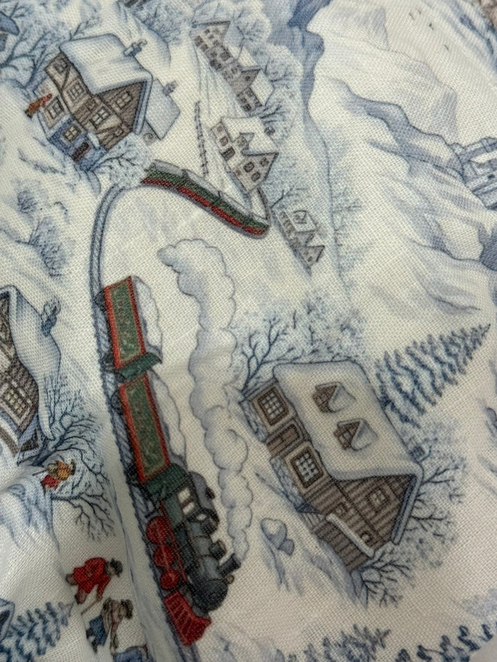 Close-up of snowy blue train toile print on The Polar Express shorts