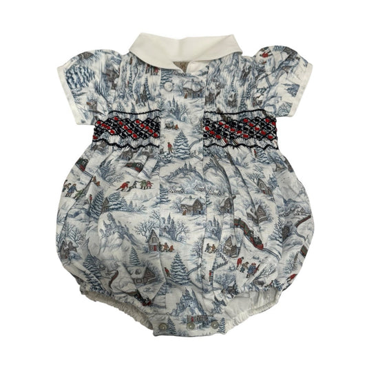 The Polar Express Boy Christmas Handsmocked Romper in snowy blue train toile print