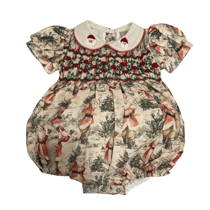 The Santa Claus Christmas Handsmocked Romper in vintage Santa print with red, green and ivory handsmocking