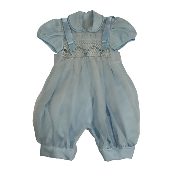 Theo Light Blue Boy Handsmocked Romper with rounded collar and intricate handsmocking