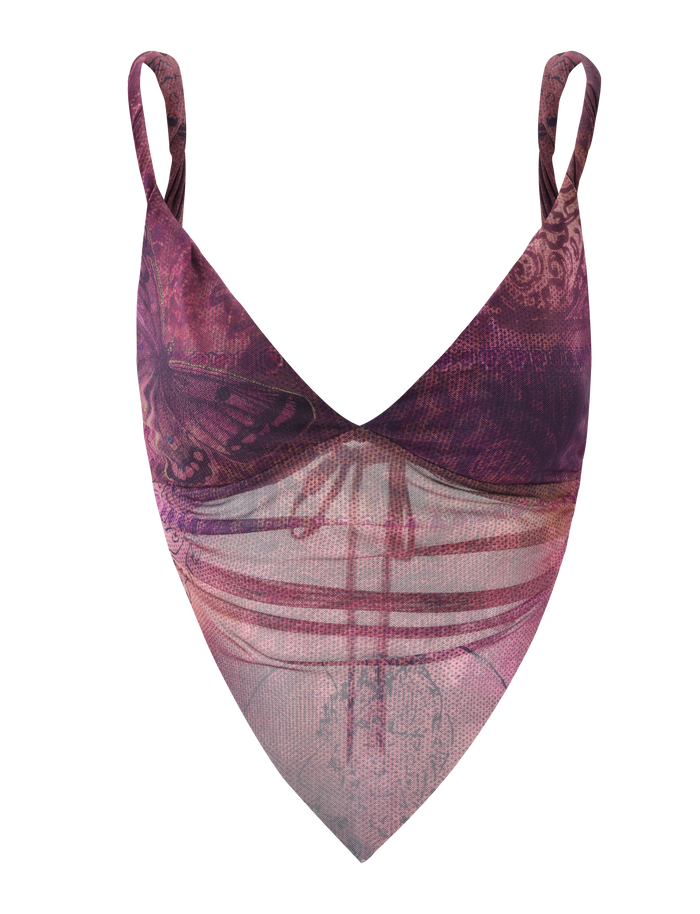 The TIGERMIST THEO TOP in Plum Butterfly Paisley is a bandana-style crop top with adjustable back ties and spaghetti straps, featuring a butterfly paisley and floral print.