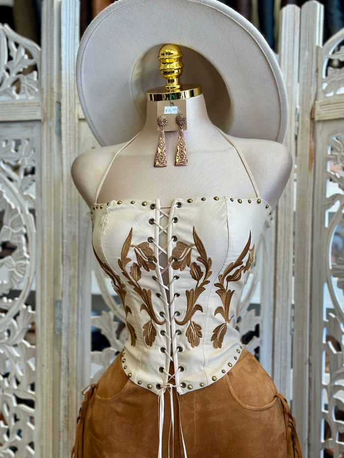 Tie Up Embroidered Western Corset- Estira, Stretchy