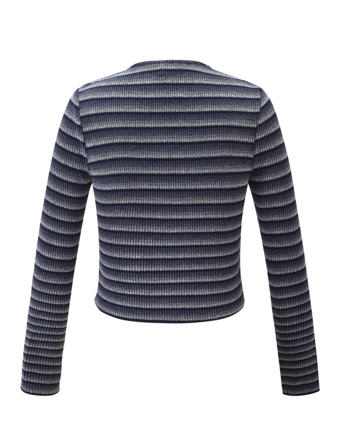 Back view of the TIGERMIST TIMARA CARDIGAN - NAVY STRIP, a ribbed knit long-sleeve cardigan with horizontal navy and white stripes and subtle mini buttons, displayed on a plain white background.
