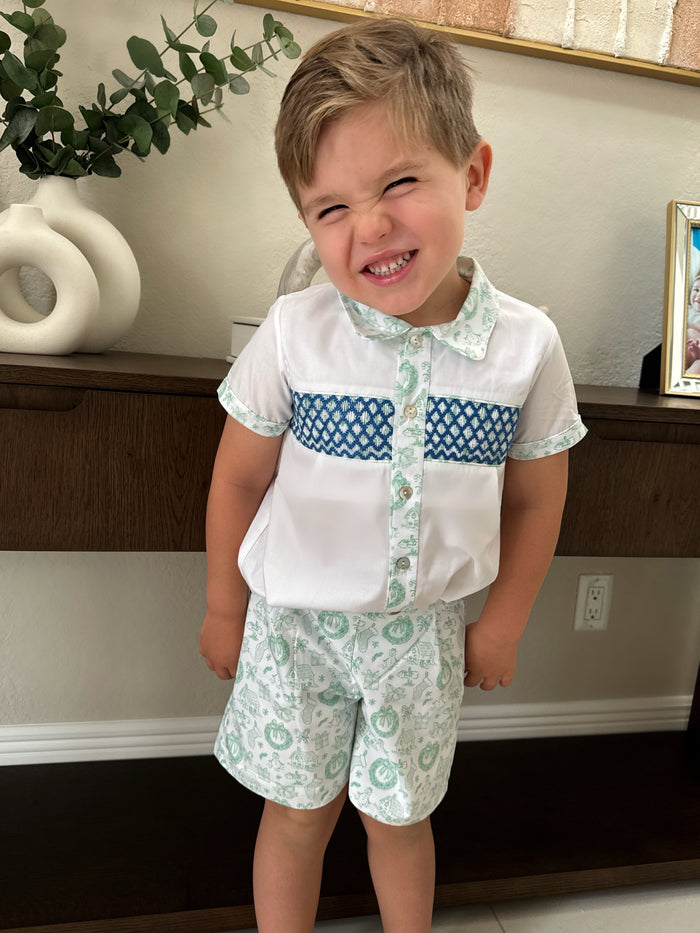 Toile Fairytale Green Handsmocked Boy 2-Pc Set