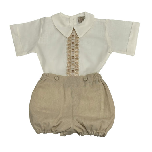 Ivory short-sleeve boy shirt with beige embroidered ribbon panel and coordinating beige bloomer shorts