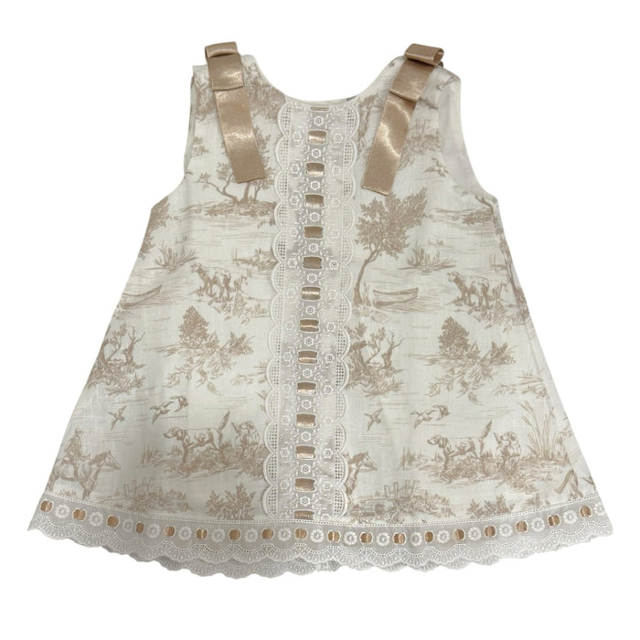 TPWC Toile Beige Ribbon Dress in beige toile print with satin shoulder bows and ivory lace trim