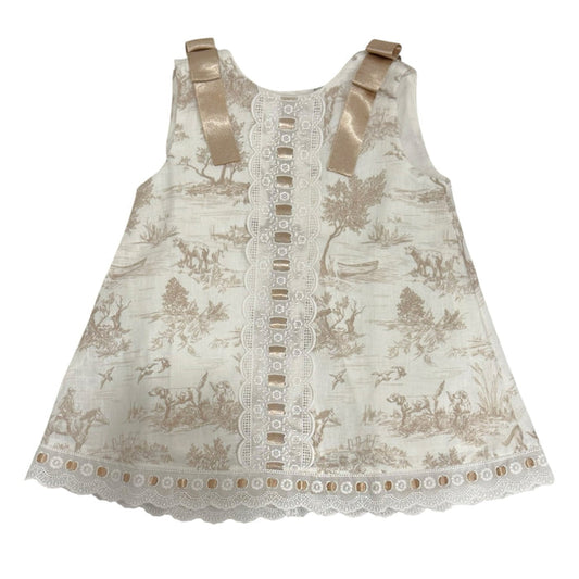 TPWC Toile Beige Ribbon Dress in beige toile print with satin shoulder bows and ivory lace trim