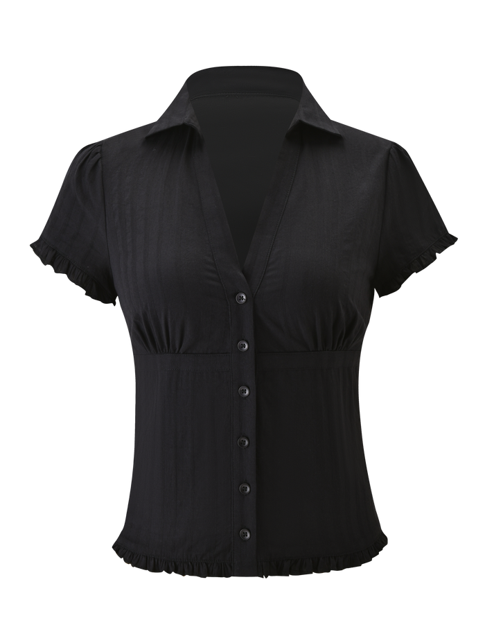 The TIGERMIST VALERIE SHORT SLEEVE SHIRT - BLACK is a woven shirt with a button-up front, V-neck, and ruffled sleeve edges and hem, shown against a plain white background.