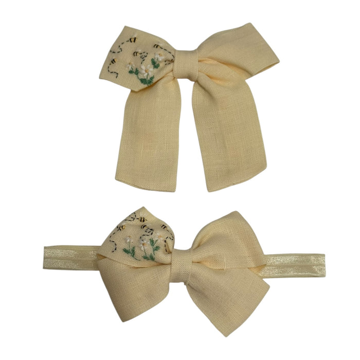 Victoria Yellow Bees Handembroidered Bow or Headwrap