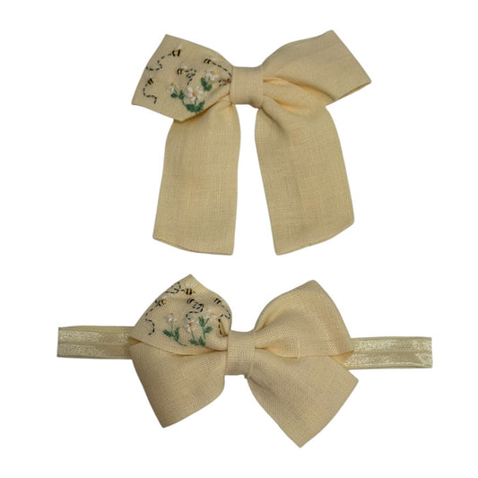 Victoria Yellow Bees Handembroidered Bow or Headwrap