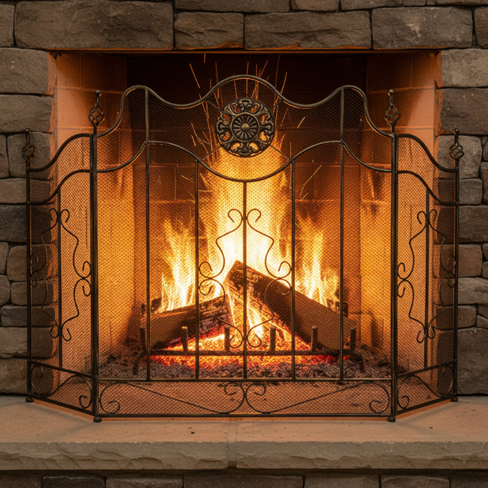 victorian black iron fireplace screen