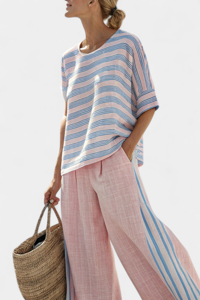 Virella | Elegant Pink-Blue Linen Blouse & Soft Pants