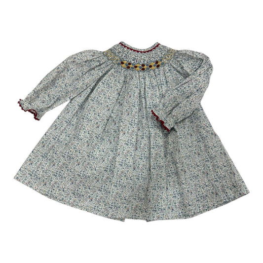 Vivianna Blue Floral Handsmocked Long Sleeve Dress