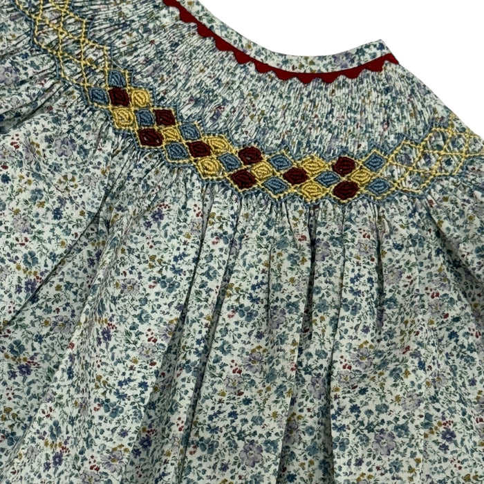 Vivianna Blue Floral Handsmocked Long Sleeve Dress