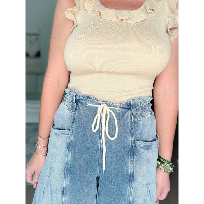 boutique women's barrel jeans tie waist front closeup