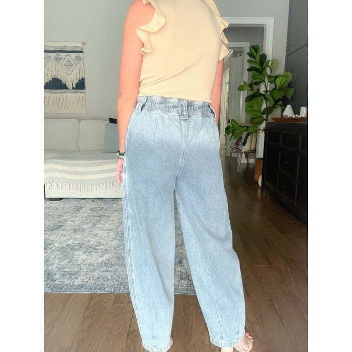 boutique women's barrel jeans tie waist back