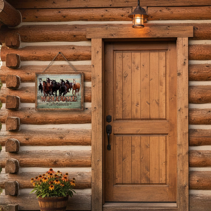 welcome friends horses tin sign