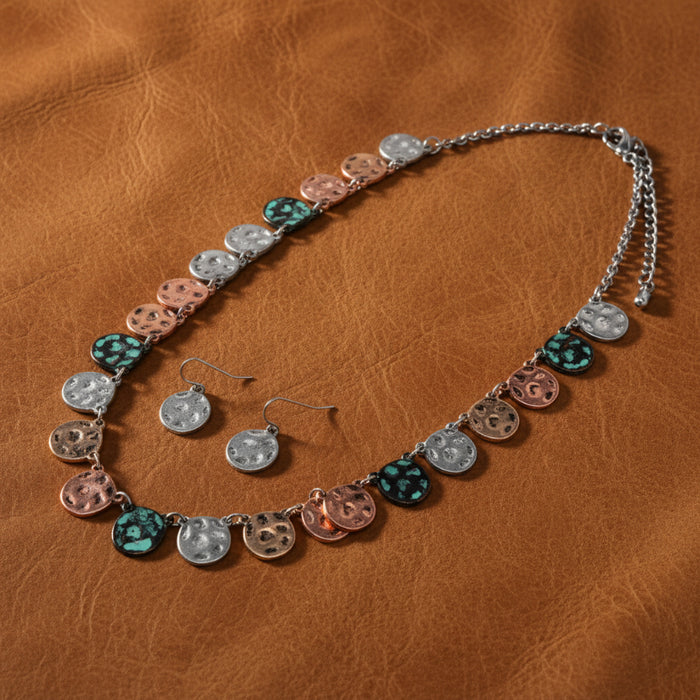 western multi-tone hammered dis necklace and earrings
