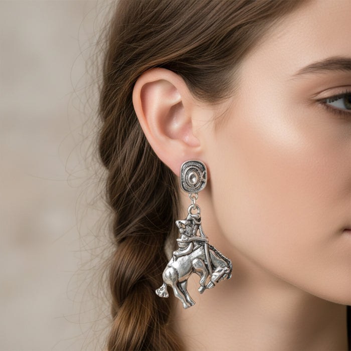 western rodeo bronc rider and silver hat dangle earrings
