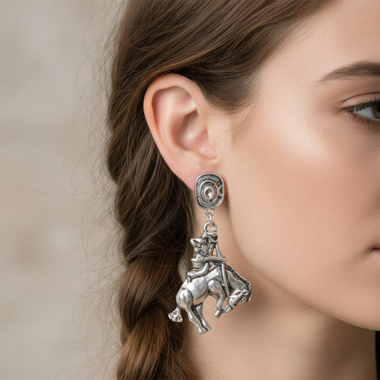 western rodeo bronc rider and silver hat dangle earrings