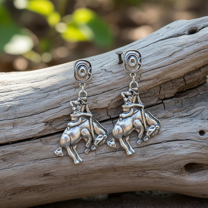 western rodeo bronc rider and silver hat dangle earrings