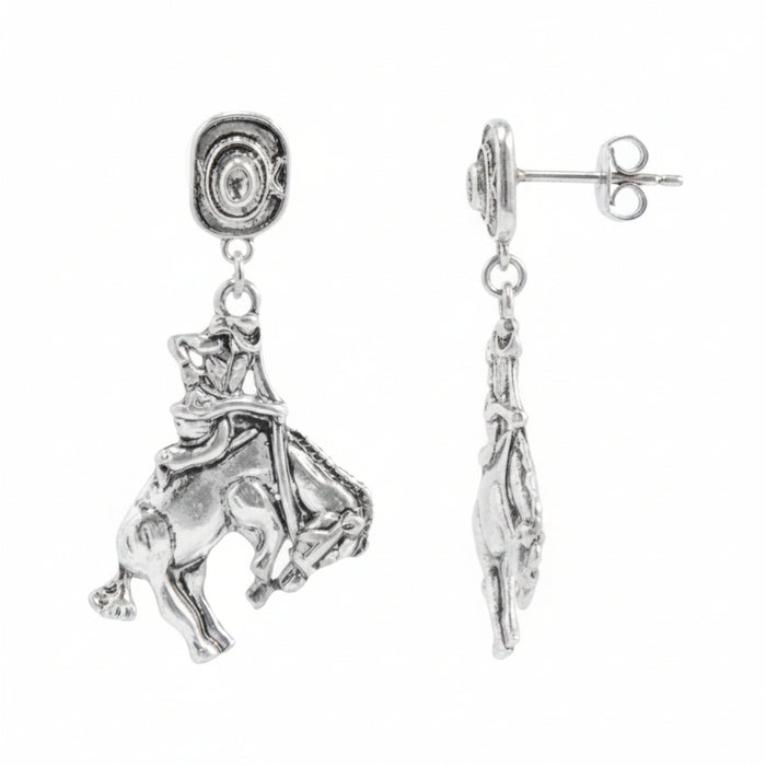 western rodeo bronc rider and silver hat dangle earrings