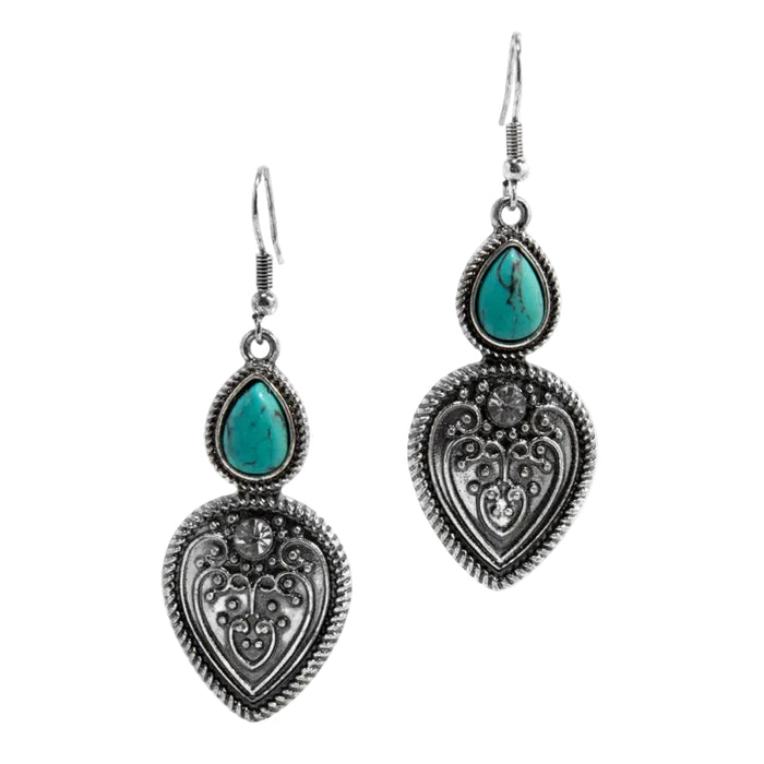 western teardrop and hearts silver engraved turquoise dangle earrings