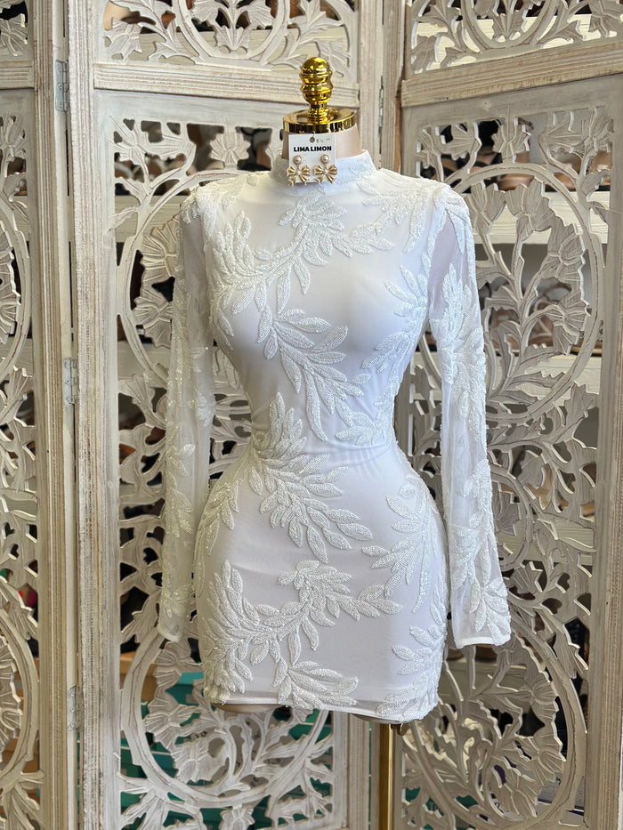 White Sequin Mini Dress- Stretchy,Estira