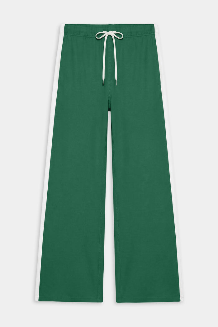 The SPLITS59 Willow Airweight Wide Leg pants in Arugula/White feature white side stripes and a white drawstring waist, ideal for Pilates or hot yoga, shown laid flat on a plain background.
