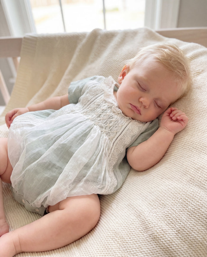 Willow Green Handsmocked Romper with Bonnet