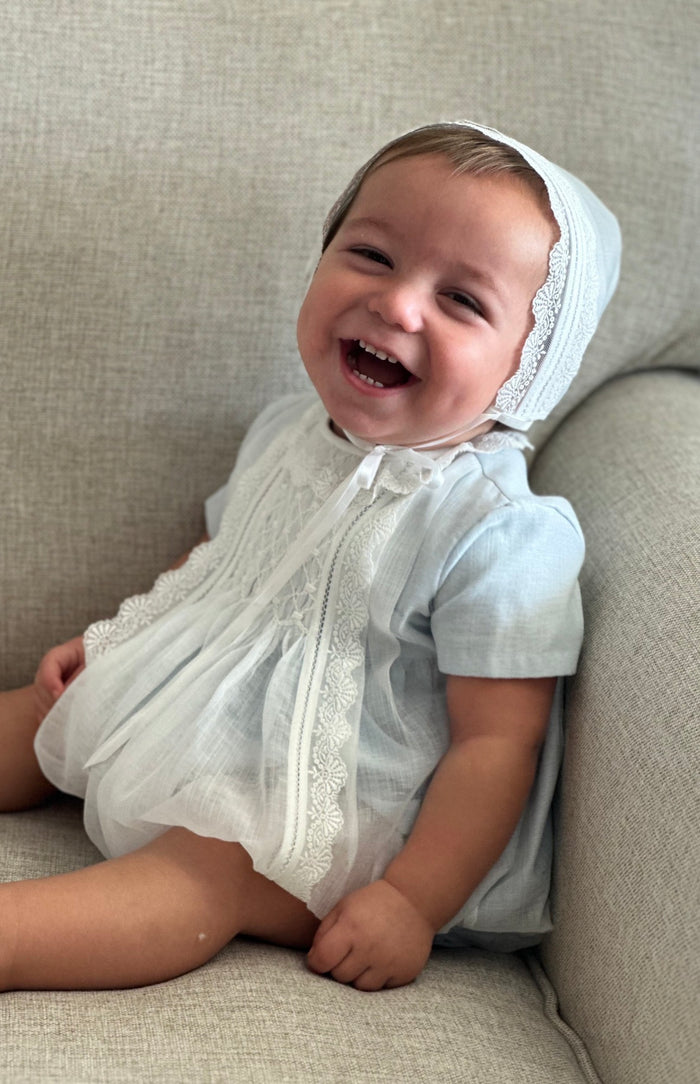 Willow Light Blue Handsmocked Romper with Bonnet
