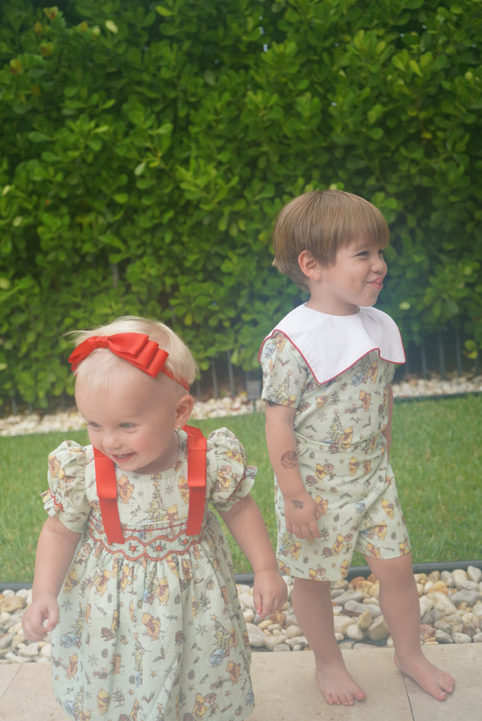 Winnie-the-Pooh Xmas Red Bows Handsmocked Dress