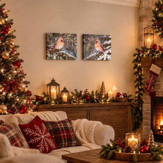 winter cardinals in the pines canvas prints