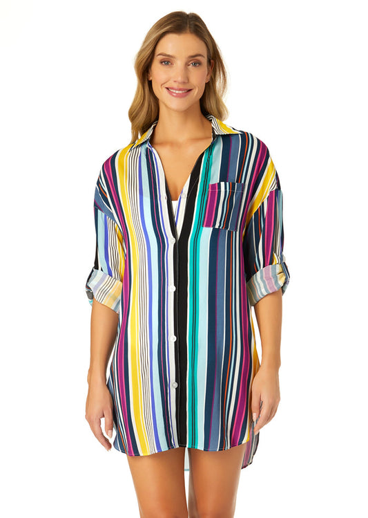 Women's Barcode Stripe Button Down Shirt Swimsuit Cover Up