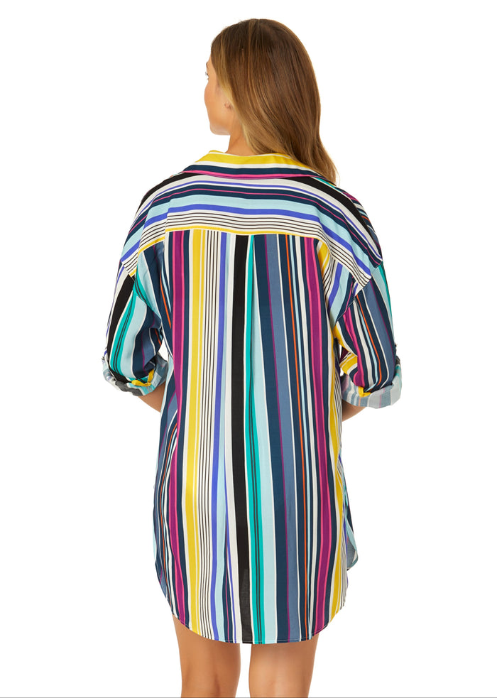Women's Barcode Stripe Button Down Shirt Swimsuit Cover Up