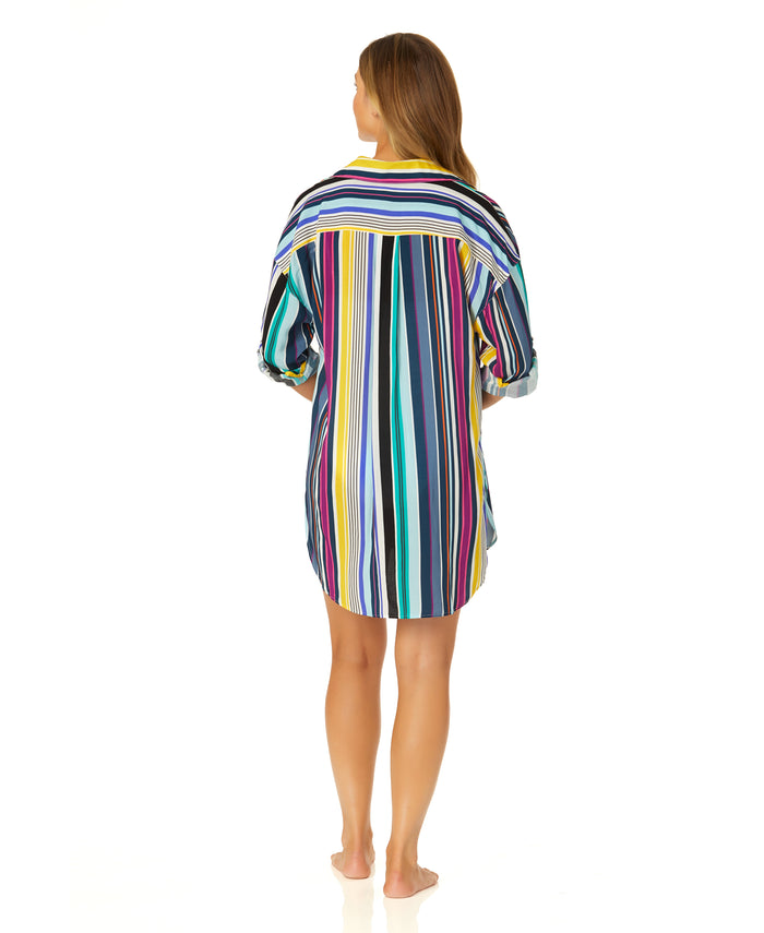 Women's Barcode Stripe Button Down Shirt Swimsuit Cover Up
