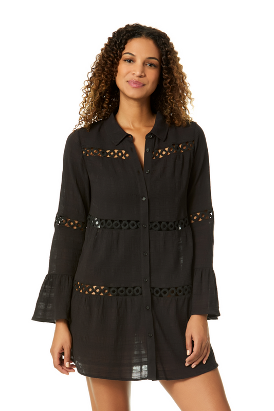 Women's Black Bell Sleeve Crochet Trim Cover Up